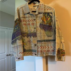 Chico's Artistic Denim Jacket with Multicolor Patterns